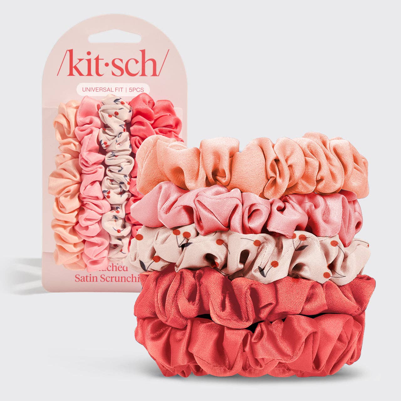 KITSCH - Ruched Satin Scrunchies 5pc Set - Assorted Cherry Blossom